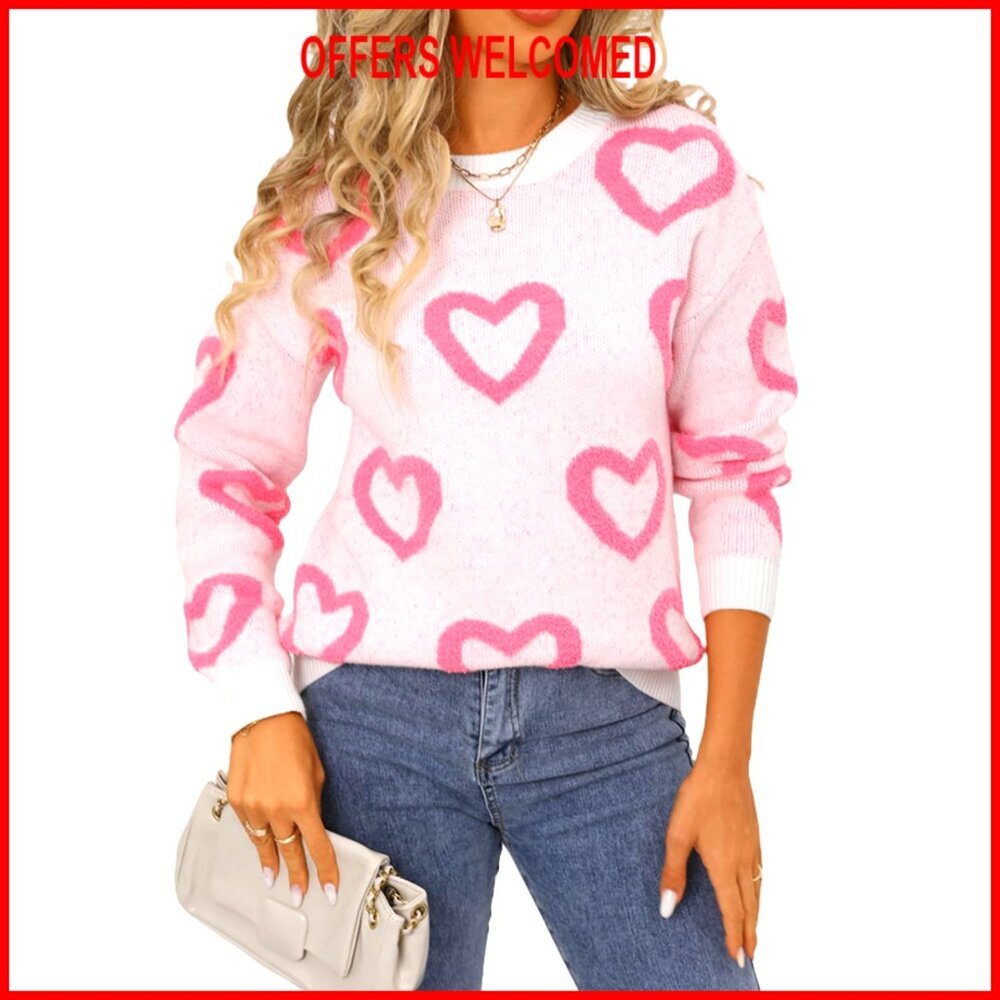 Acrylic Heart Print Crewneck Oversized Sweater Long Sleeve Pullover